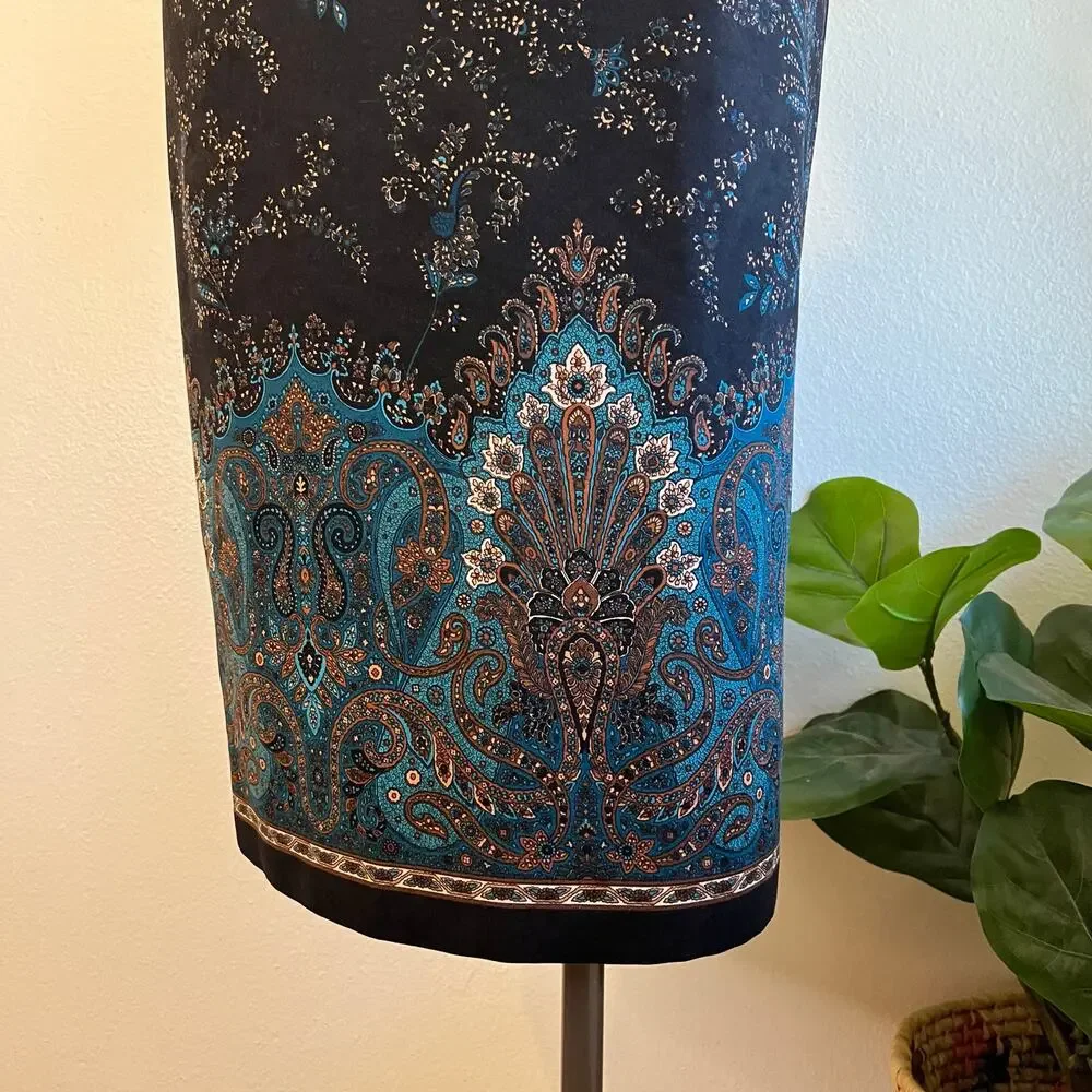 Briggs Vintage 90s Black Turquoise Print Maxi Skirt Size 12 / Medium